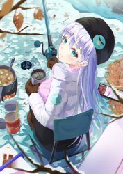 Rule 34 | 1girl, aran sweater, bad id, bad pixiv id, beanie, black hat, black skirt, boots, branch, breasts, brown footwear, brown pantyhose, cable knit, chair, chopsticks, closed mouth, commentary request, cup, day, down jacket, fishing line, fishing rod, food, from above, from behind, hair between eyes, hat, highres, holding, holding cup, holding fishing rod, hyonee, ice, ice fishing, jacket, long hair, looking at viewer, looking back, looking up, medium breasts, mug, on chair, original, outdoors, pantyhose, pink sweater, purple hair, sitting, skirt, smile, solo, sweater, very long hair, water, white jacket