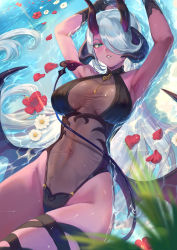 Rule 34 | 1girl, afk arena, afloat, armpits, arms up, black gloves, blurry, blurry foreground, blush, character request, colored skin, covered navel, demon girl, demon horns, demon tail, demon wings, dripping, fingerless gloves, flower, gloves, green eyes, hair over one eye, half-closed eyes, highres, horns, light rays, long hair, lying, mashuu (neko no oyashiro), mole, mole under eye, on back, outdoors, parted lips, partially submerged, petals, plant, purple skin, red flower, see-through, silver hair, solo, demon girl, swimsuit, tail, thigh strap, water, wet, wet clothes, wings