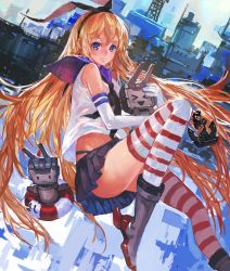 Rule 34 | 10s, 1girl, anchor, black panties, blonde hair, boots, elbow gloves, gloves, grey footwear, hair ornament, hairband, highres, kantai collection, lifebuoy, long hair, looking at viewer, panties, rensouhou-chan, shimakaze (kancolle), skirt, striped clothes, striped thighhighs, swim ring, thighhighs, underwear, very long hair, white gloves, zrero