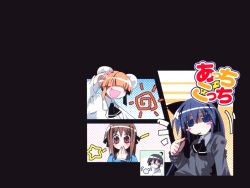 Rule 34 | 1boy, 3girls, acchi kocchi, ascot, black background, black shirt, blue hair, blue shirt, blush, blush stickers, breath, brown hair, bun cover, collared shirt, comic, covering own mouth, fang, food, glasses, hair over eyes, haruno hime, katase mayoi, long sleeves, looking at viewer, miniwa tsumiki, mouth hold, multiple girls, orange hair, otonashi io, pocky, shirt, simple background, star (symbol), sun, tooth, upper body, wallpaper, white shirt