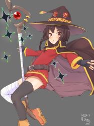 Rule 34 | 10s, 1girl, bandages, belt, black hair, black thighhighs, blush, cape, collar, commentary request, dress, fingerless gloves, gloves, hat, kono subarashii sekai ni shukufuku wo!, looking at viewer, megumin, nonono (mino), open mouth, red dress, red eyes, short hair, single thighhigh, solo, staff, thighhighs, witch hat