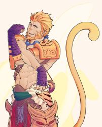 Rule 34 | 1boy, abs, banana, bandages, beard, blonde hair, earrings, eveurite (ev), facial hair, fang, fingerless gloves, food, fruit, fur trim, gloves, hair ornament, highres, jewelry, male focus, monkey tail, nail polish, navel, necklace, open mouth, orange eyes, topless male, smite, solo, sun wukong (smite), tail, teeth