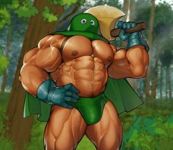 Rule 34 | 1boy, abs, axe, bara, bare pectorals, briefs, bulge, cape, chest harness, dark-skinned male, dark skin, dragon quest, feet out of frame, forest, green cape, green male underwear, harness, highres, holding, holding axe, hood, kandar, large pectorals, looking at viewer, male focus, male underwear, muscular, muscular male, nature, navel, navel hair, nipples, over shoulder, pectoral press, pectorals, revealing clothes, ruisselait, solo, standing, stomach, thick arms, thick thighs, thighs, underwear, veins, veiny arms, weapon, weapon over shoulder