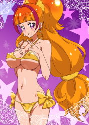 Rule 34 | 1girl, amanogawa kirara, bad id, bad pixiv id, bare shoulders, bikini, blunt bangs, breast suppress, breasts, closed mouth, covered erect nipples, cowboy shot, cure twinkle, earrings, go! princess precure, hands on own chest, jewelry, large breasts, long hair, low-tied long hair, multicolored hair, navel, ontaros, orange hair, pink hair, ponytail, precure, purple background, shiny clothes, smile, solo, standing, star (symbol), swimsuit, two-tone hair, underboob, very long hair, yellow bikini