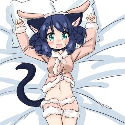 Rule 34 | 1girl, :d, animal ears, animal hood, aqua eyes, arms up, bed sheet, blue hair, blush, cat ears, cat girl, cat tail, commentary, cyan (show by rock!!), drill hair, fang, fur-trimmed shirt, fur-trimmed shorts, fur-trimmed sleeves, fur trim, hood, long sleeves, looking at viewer, lying, medium hair, midriff, navel, nose blush, on back, open mouth, pillow, romaji commentary, rori (4chan), sheep hood, shirt, short shorts, shorts, show by rock!!, sketch, smile, solo, sparkling eyes, tail