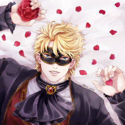 Rule 34 | 1boy, alternate costume, ascot, black ascot, blonde hair, blue eyes, brooch, commentary request, dio brando, domino mask, ear birthmark, fangs, flower, grm jogio, jacket, jewelry, jojo no kimyou na bouken, long sleeves, looking at viewer, lying, male focus, mask, official alternate costume, petals, phantom blood, purple jacket, red brooch, red flower, red rose, rose, shirt, short hair, smirk, solo, teeth, white shirt