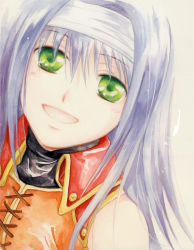 Rule 34 | 1girl, :d, agahari, bare shoulders, blue hair, close-up, fire emblem, fire emblem: path of radiance, fire emblem: radiant dawn, green eyes, hairband, long hair, mia (fire emblem), nintendo, open mouth, simple background, smile, solo, traditional media