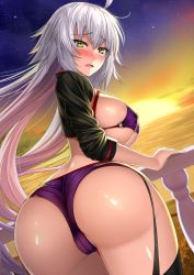 Rule 34 | 1girl, ahoge, ass, back, bikini, black jacket, blush, breasts, cropped jacket, fate/grand order, fate (series), jacket, jeanne d&#039;arc alter (swimsuit berserker) (fate), jeanne d&#039;arc (fate), jeanne d&#039;arc alter (fate), jeanne d&#039;arc alter (swimsuit berserker) (fate), large breasts, long hair, long sleeves, looking at viewer, looking back, ocean, open mouth, orange sky, purple sky, shibata rai, shrug (clothing), silver hair, sky, star (sky), starry sky, sunset, swimsuit, thighs, twilight, very long hair, yellow eyes