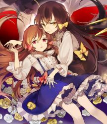 2girls bandaged_hand bandages black_hair bow bowtie brown_eyes brown_hair dress dress_shirt enjel facing_viewer flower frilled_dress frilled_shirt frills goldia_die_heilige hair_tie holding_hands light_smile lisette_(pocket_mirror) looking_at_another looking_to_the_side lying multiple_girls non-web_source on_back pocket_mirror red_eyes shirt skirt suspender_skirt suspenders white_shirt wind