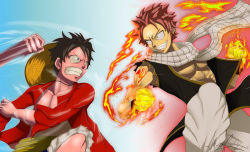 Rule 34 | 2boys, black hair, blue eyes, clenched hand, crossover, epic, fairy tail, fighting stance, gradient background, hat, male focus, monkey d. luffy, multiple boys, muscular, natsu dragneel, one piece, pink hair, scar, scarf, sharp teeth, shorts, smile, steam, straw hat, tattoo, teeth, vest, yellow eyes