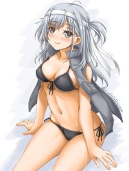 Rule 34 | 1girl, akimoto dai, bikini, black bikini, breasts, cleavage, commentary request, front-tie top, grey jacket, hairband, highres, jacket, jacket on shoulders, kantai collection, long hair, medium breasts, navel, one-hour drawing challenge, one side up, side-tie bikini bottom, silver hair, sitting, solo, suzutsuki (kancolle), swimsuit, white hairband