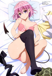 Rule 34 | 1girl, absurdres, adjusting clothes, adjusting legwear, barefoot, black thighhighs, bra, feet, highres, looking at viewer, megami magazine, momo velia deviluke, no shoes, non-web source, official art, oka yuuichi, panties, pink hair, purple eyes, short hair, single thighhigh, smile, solo, tail, thighhighs, to love-ru, toes, underwear, underwear only, undressing