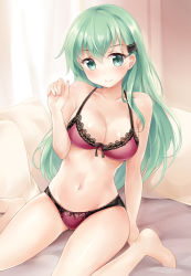 Rule 34 | 10s, 1girl, aqua eyes, aqua hair, barefoot, bed, blush, bow, bra, breasts, cleavage, closed mouth, collarbone, curtains, hair ornament, hairclip, indoors, kantai collection, lace, lace-trimmed bra, lace trim, long hair, looking at viewer, medium breasts, navel, nikoo, panties, pillow, pink bow, pink panties, sitting, skindentation, smile, solo, suzuya (kancolle), underwear, wariza