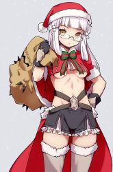 Rule 34 | 1girl, alternate costume, bag, black gloves, breasts, cape, fate/grand order, fate (series), gift bag, glasses, gloves, hat, holding, holding bag, long hair, medium breasts, midriff, navel, penthesilea (fate), santa costume, santa hat, shorts, silver hair, simple background, solo, standing, stroma, thighhighs, thighs, underboob, yellow eyes, zettai ryouiki