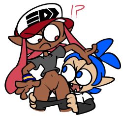 Rule 34 | !?, 1boy, 1girl, assisted exposure, baseball cap, blue eyes, blue hair, cleft of venus, clothes pull, dark skin, fangs, grey shirt, grey shorts, hat, highres, inkling, inkling boy, inkling girl, inkling player character, long hair, long sleeves, looking down, looking up, navel, nintendo, no panties, open mouth, pantsing, pink eyes, pink hair, pointy ears, pulling another&#039;s clothes, pussy, raised eyebrow, red hat, shirt, short sleeves, shorts, shorts pull, smile, splatoon (series), squid boy, squid girl, standing, surprised, tentacle hair, vilepluff, white background, white shirt, wristband