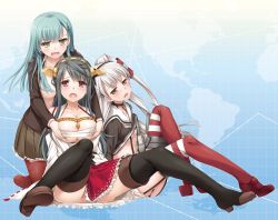 Rule 34 | 10s, 3girls, amatsukaze (kancolle), aqua hair, bare shoulders, black hair, black panties, blush, boots, breasts, breasts squeezed together, brown eyes, cleavage, detached sleeves, female focus, garter straps, gloves, green eyes, hair ornament, hairband, hairclip, haruna (kancolle), japanese clothes, kantai collection, large breasts, long hair, miniskirt, multiple girls, nakajima yuka, no panties, nontraditional miko, open mouth, panties, red legwear, sarashi, school uniform, serafuku, silver hair, skirt, small breasts, striped clothes, striped legwear, striped thighhighs, suzuya (kancolle), thigh boots, thighhighs, twintails, two side up, underwear