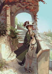 Rule 34 | 1girl, absurdres, animal ears, arknights, black collar, brown hair, brown shirt, building, coat, collar, cropped shirt, ears through headwear, full body, green coat, green eyes, hair ornament, hat, highres, horse ears, horse girl, horse tail, lamp, leaf, long hair, looking at viewer, meteor (arknights), meteor (bard&#039;s holiday) (arknights), midriff, natsuba002, navel, official alternate costume, open clothes, open coat, outdoors, pants, plant, potted plant, shirt, sidelocks, solo, standing, star (symbol), star hair ornament, tail, white hat, white pants, window