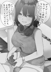Rule 34 | 1girl, bare arms, bare shoulders, blurry, blurry background, blush, breasts, choker, commentary request, controller, depth of field, eyebrows hidden by hair, game controller, greyscale, grin, hair between eyes, headphones, headphones around neck, highres, holding, large breasts, looking at viewer, monochrome, original, ryouma (galley), shirt, short shorts, shorts, sitting, sleeveless, sleeveless shirt, smile, solo, table, translation request
