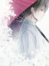 Rule 34 | 1boy, blouse, blue eyes, brown hair, buttons, closed mouth, collar, collared shirt, from side, heshikiri hasebe, holding, holding umbrella, kasa77322, leaf, long sleeves, looking to the side, male focus, rain, red umbrella, shirt, short hair, sidelocks, simple background, solo, touken ranbu, umbrella, upper body, white background, white shirt