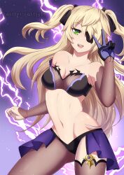 Rule 34 | 1girl, :d, black pantyhose, black ribbon, blonde hair, breasts, eyepatch, fischl (genshin impact), genshin impact, green eyes, hair ribbon, highres, justsyl, long hair, medium breasts, navel, open mouth, pantyhose, ribbon, smile, solo, standing, twitter username, two side up, v