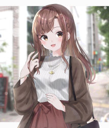 Rule 34 | 1girl, :d, absurdres, bad id, bad pixiv id, bag, blurry, blurry background, blush, bracelet, braid, brown eyes, brown hair, brown jacket, day, earrings, hand up, handbag, highres, jacket, jewelry, looking at viewer, masyu jyaga, necklace, open mouth, original, outdoors, ribbed shirt, ring, shirt, smile, solo, upper body, white shirt