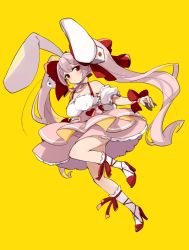 Rule 34 | 1girl, animal ears, blush, bow, breasts, cleavage, closed mouth, di gi charat, dice, dice hair ornament, dress, full body, hair bow, hair ornament, heart, high heels, large breasts, long hair, mota, pink hair, rabbit ears, rabbit tail, red bow, red eyes, red footwear, red ribbon, ribbon, simple background, socks, solo, tail, twintails, usada hikaru, white dress, white socks, yellow background