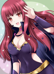 Rule 34 | 1girl, belt, black bodysuit, black cape, blush, bodysuit, breasts, cape, choker, cleavage, clothing cutout, collarbone, commentary request, covered navel, fire emblem, fire emblem engage, hair ornament, highres, kirishima riona, large breasts, long hair, looking at viewer, nintendo, open mouth, pink choker, red eyes, red hair, side cutout, smile, solo, star (symbol), star hair ornament, yellow belt, yunaka (fire emblem)