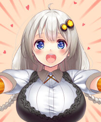 Rule 34 | 1girl, :d, ahoge, black dress, blue eyes, braid, breasts, brown background, collared shirt, dress, grey hair, hair between eyes, hair ornament, heart, heart in mouth, kizuna akari, large breasts, long hair, low twintails, open mouth, puffy short sleeves, puffy sleeves, shirt, short sleeves, simple background, sleeveless, sleeveless dress, smile, solo, star (symbol), star in eye, symbol in eye, twin braids, twintails, upper body, usume shirou, voiceroid, white shirt