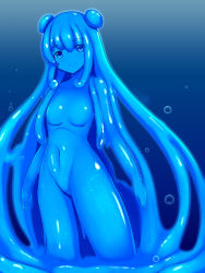 Rule 34 | blue eyes, blue hair, blue skin, breasts, colored skin, double bun, monster girl, navel, no nipples, rethnick, slime girl, small breasts