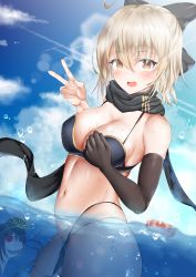 Rule 34 | 2girls, absurdres, ahoge, bare shoulders, bikini, black bikini, black bow, black gloves, black scarf, blonde hair, blue sky, blush, bow, breasts, brown eyes, cleavage, cloud, day, fate/grand order, fate (series), gloves, hair between eyes, hair bow, hair ribbon, highres, looking at viewer, medium breasts, minori tea, multiple girls, navel, oda nobunaga (fate), oda nobunaga (koha-ace), okita j. souji (fate), okita j. souji (first ascension) (fate), okita souji (fate), okita souji (koha-ace), open mouth, outdoors, partially submerged, ribbon, scarf, short hair, single glove, sky, smile, swimsuit, v, wet