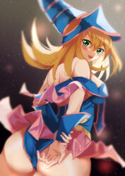 Rule 34 | 1girl, absurdres, ass, ass focus, black background, blonde hair, blurry, blurry background, breasts, dark magician girl, grabbing own arm, green eyes, hat, highres, large breasts, leotard, leotard under clothes, looking at viewer, looking back, luna2410, magical girl, open mouth, pink nails, smile, star (sky), witch, witch hat, yu-gi-oh!