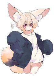 Rule 34 | 1girl, animal ears, black jacket, blonde hair, blush, commentary request, cowboy shot, dot mouth, fox ears, fox girl, fox tail, highres, jacket, large ears, megateru, notice lines, open clothes, open jacket, original, red eyes, shirt, short hair, simple background, sleeves past fingers, sleeves past wrists, tail, white background, white shirt