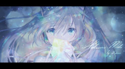 Rule 34 | 1girl, aqua eyes, aqua hair, artist name, bare shoulders, blue eyes, character name, commentary, covered mouth, cube, english commentary, floating hair, hair between eyes, hatsune miku, headphones, holding, letterboxed, light particles, long hair, looking at viewer, portrait, renren (pixiv22963369), signature, solo, sparkle, twintails, vocaloid