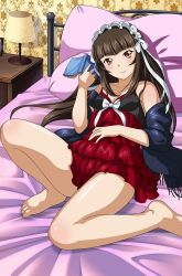 Rule 34 | 00s, 1girl, barefoot, bed, book, breasts, brown hair, card (medium), feet, female focus, ikkitousen, long hair, looking at viewer, lying, maid headdress, pillow, shiny skin, small breasts, ten&#039;i (ikkitousen), toes