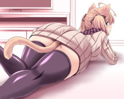 Rule 34 | 1girl, ahoge, animal ears, black thighhighs, blonde hair, blue eyes, brown sweater, cat ears, cat girl, cat tail, commentary request, from behind, indoors, long sleeves, looking at viewer, looking back, lying, on stomach, original, pudding (tonpuu), ribbed sweater, scarf, solo, sweater, tail, thighhighs, tonpuu, twintails