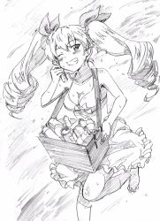 Rule 34 | 1girl, anchovy (girls und panzer), barefoot, bottle, box, breasts, can, carrying, cleavage, commentary, dress, drill hair, drink can, frilled dress, frills, girls und panzer, graphite (medium), greyscale, grin, hair ribbon, highres, leg up, long hair, looking at viewer, makicha (sasurainopink), medium breasts, medium dress, monochrome, one eye closed, ribbon, sketch, smile, soda can, solo, standing, standing on one leg, sundress, sweat, traditional media, twin drills, twintails, water bottle