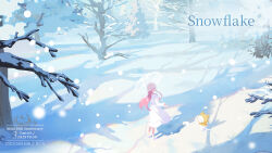 Rule 34 | 1girl, anniversary, bare legs, bare tree, branch, commentary, dated, day, dress, english commentary, english text, from behind, highres, holding, holding umbrella, infinity nikki, long hair, miracle nikki, momo (miracle nikki), nikki (miracle nikki), official art, outdoors, pink hair, shadow, shining nikki, snow, snowing, tree, umbrella, white dress, white footwear, wind, yellow cloak