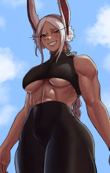 Rule 34 | 1girl, abs, alternate costume, animal ear fluff, animal ears, arms at sides, artist name, black pants, black shirt, black wristband, blouse, blue sky, blush, boku no hero academia, braid, braided ponytail, breasts, brown lips, choker, cloud, crop top, dark-skinned female, dark skin, day, eyelashes, fat mons, grin, gud0c, half-closed eyes, highres, hip focus, long eyelashes, long hair, looking at viewer, looking down, medium breasts, mirko, muscular, muscular female, open hand, outdoors, outline, pants, parted bangs, perspective, rabbit ears, raised eyebrow, red eyes, shiny clothes, shiny skin, shirt, sidelighting, sidelocks, sky, smile, solo, underboob, veins, veiny arms, very long hair, white hair