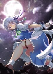 Rule 34 | 1girl, apron, between fingers, blue dress, bow, braid, breasts, brown footwear, cover, dress, frilled dress, frills, full moon, green bow, grey hair, hair bow, hair ribbon, highres, holding, holding knife, holster, izayoi sakuya, knife, knife sheath, knives between fingers, maid apron, maid headdress, medium breasts, medium hair, moon, open mouth, puffy short sleeves, puffy sleeves, purple eyes, purple ribbon, ribbon, sheath, shiso gohan, shoes, short sleeves, socks, solo, thigh holster, touhou, twin braids, waist apron, waist bow, white apron, white bow, white socks