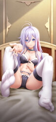 Rule 34 | 1girl, 86 -eightysix-, absurdres, ahoge, black bra, black panties, bra, breasts, cameltoe, chinese commentary, choker, feet, foreshortening, full body, grey eyes, highres, long hair, looking at viewer, medium breasts, multicolored hair, navel, no nose, no shoes, on bed, open hand, outstretched arm, panties, royboy, sitting, smile, soles, solo, stomach, streaked hair, thighhighs, thighs, underwear, underwear only, vladilena millize, white hair, white thighhighs