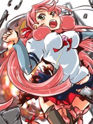 Rule 34 | 10s, 1girl, akashi (kancolle), blush, boots, breasts, burnt clothes, covered erect nipples, debris, explosion, green eyes, headband, kantai collection, kobamiso (kobalt), large breasts, long hair, long sleeves, open mouth, pink hair, ribbon, solo, thigh boots, thighhighs