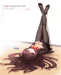 Rule 34 | 1girl, ai floverse, black jacket, black skirt, blazer, bow, bowtie, brown hair, cellphone, expressionless, full body, hair ornament, hair spread out, hairclip, hands on own stomach, jacket, legs up, long hair, long sleeves, looking at viewer, lying, no shoes, on back, on floor, open clothes, open jacket, original, pantyhose, phone, pink eyes, red bow, red bowtie, school uniform, sidelocks, skirt, smartphone, striped bow, striped bowtie, striped clothes, upside-down, wooden floor