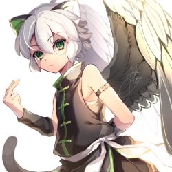 Rule 34 | 1boy, animal ear fluff, animal ears, asymmetrical wings, bare shoulders, black jacket, black wings, blush, chinese clothes, closed mouth, feathered wings, green eyes, hair between eyes, hand up, highres, jacket, luo xiaohei, luo xiaohei zhanji, male focus, mismatched wings, pk (mukasihasakana), short hair, signature, simple background, sleeveless, sleeveless jacket, solo, tail, white background, white hair, white wings, wings