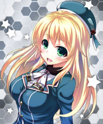 Rule 34 | 10s, 1girl, atago (kancolle), bad id, bad pixiv id, blonde hair, blue hat, blush, breasts, green eyes, hat, jacket, kantai collection, long hair, looking at viewer, medium breasts, military, military jacket, military uniform, minamo25, open mouth, personification, portrait, smile, solo, star (symbol), uniform, upper body