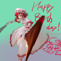 Rule 34 | 1girl, bad anatomy, bad leg, blue background, copyright request, dress, dual wielding, english text, facial scar, flower, garter straps, happy birthday, hat, hat flower, holding, holding sword, holding weapon, incoming attack, inishie kumo, long dress, long sleeves, looking at viewer, orange eyes, red flower, red hair, red rose, rose, scar, scar on cheek, scar on face, short hair, smile, solo, sword, weapon, white dress, white hat