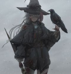 Rule 34 | 1girl, absurdres, animal, animal on hand, bandaged arm, bandaged leg, bandages, bird, black hat, bleeding, blood, blood on clothes, blood on face, bloody bandages, breasts, capelet, coat, cowboy shot, crow, expressionless, free style (yohan1754), gloves, glowing, grey background, hair over one eye, hair ribbon, hat, highres, holding, holding staff, jewelry, long hair, necklace, original, outdoors, red eyes, ribbon, shirt, shorts, sidelocks, snowing, solo, staff, torn clothes, white hair, witch, witch hat
