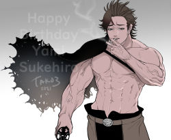Rule 34 | abs, belt buckle, black clover, buckle, capelet, cigarette, floating cape, highres, looking at viewer, muscular, muscular male, smoking, solo, sword hilt, tako3, text background, topless male, torn capelet, torn clothes, veins, veiny arms, yami sukehiro