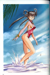 Rule 34 | 1990s (style), 1girl, absurdres, bare shoulders, blue sky, bracelet, breasts, brown hair, cloud, cloudy sky, day, full body, green eyes, hair ornament, highleg, highleg swimsuit, highres, jewelry, long hair, mamono hunter youko, mano youko, medium breasts, miyao gaku, official art, one-piece swimsuit, open mouth, outdoors, page number, retro artstyle, scan, signature, simple background, sky, smile, solo, standing, swimsuit, twintails, wading, water