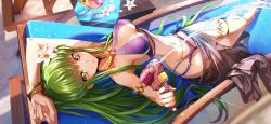 Rule 34 | 1girl, aiming, aiming at viewer, arm up, armlet, artist request, bare shoulders, bikini, black sarong, blush, breasts, c.c., code geass, code geass: lost stories, female focus, finger on trigger, firing, flower, game cg, gold, green hair, highres, holding, holding water gun, jewelry, knees together feet apart, light blush, long hair, looking at viewer, lying, medium breasts, multi-strapped bikini bottom, multi-strapped bikini top, navel, non-web source, o-ring, o-ring bikini, official art, on back, parted lips, petals, purple bikini, ring, sarong, see-through, see-through sarong, sidelocks, skindentation, solo, sparkle, squirting liquid, stomach, sweat, swimsuit, table, teeth, thighlet, very long hair, water, water gun, white flower, yellow eyes