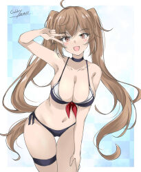 Rule 34 | 1girl, bikini, black bikini, blue background, breasts, brown eyes, cowboy shot, gakky, gradient background, hair ribbon, highres, kantai collection, large breasts, light brown hair, looking at viewer, murasame (kancolle), official alternate costume, open mouth, ribbon, smile, solo, swimsuit, twintails, two side up, v